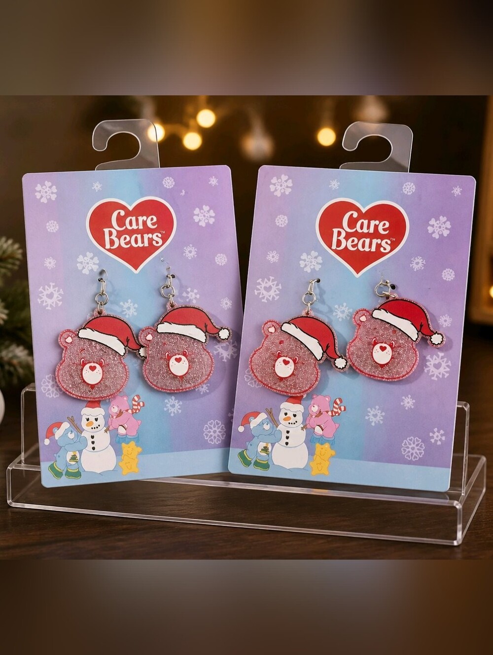 2 🆕 Care Bears Womens Christmas Earrings Santa Hat Pink Glitter Carebear